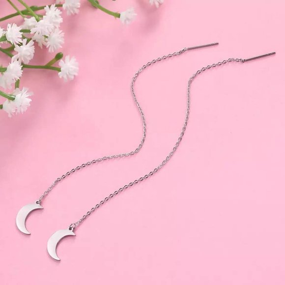 New Silver-Tone Stainless Steel Crescent Moon Threader Earrings (Version 21) - Picture 4 of 5